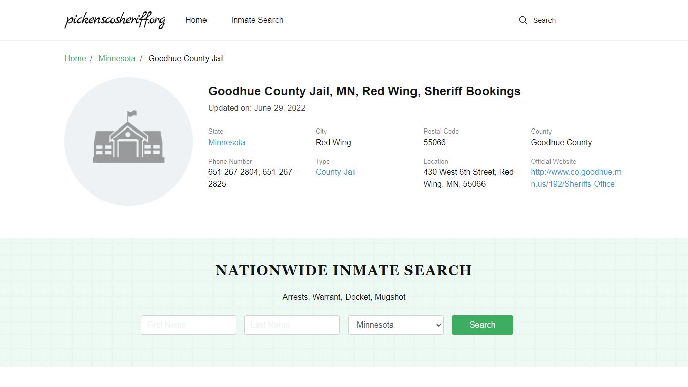 Goodhue County Jail, MN, Red Wing, Sheriff Bookings